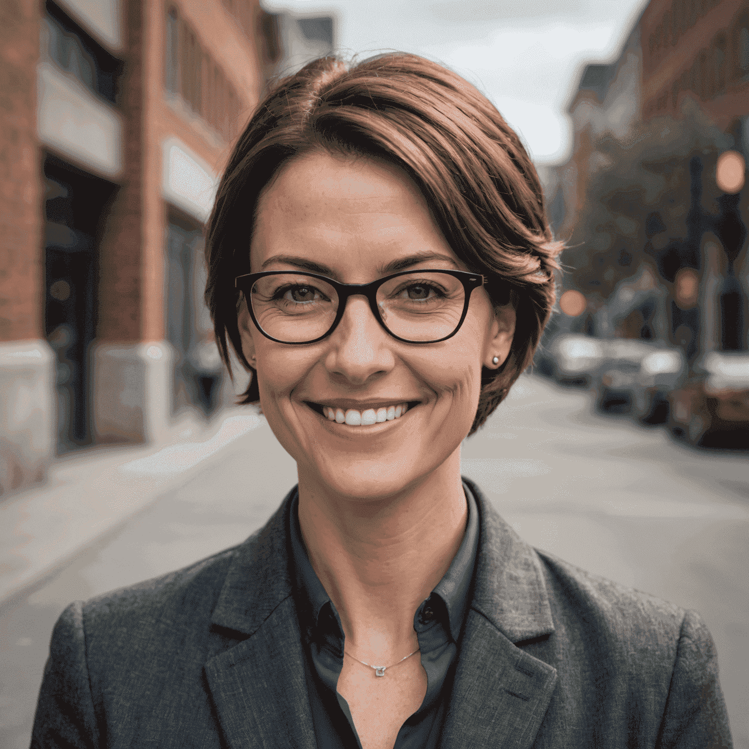 Portrait of Jane Doe, a woman in her mid-30s with short brown hair and glasses, wearing a professional dark grey blazer, smiling confidently at the camera