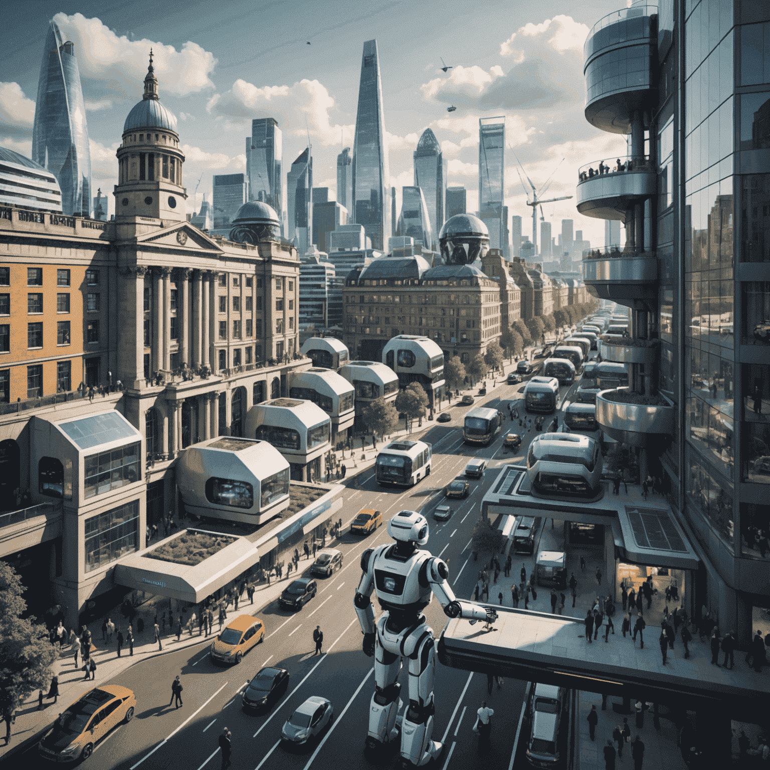 A futuristic cityscape of London with robots and humans working side by side in various professions, symbolizing the integration of AI in the UK job market