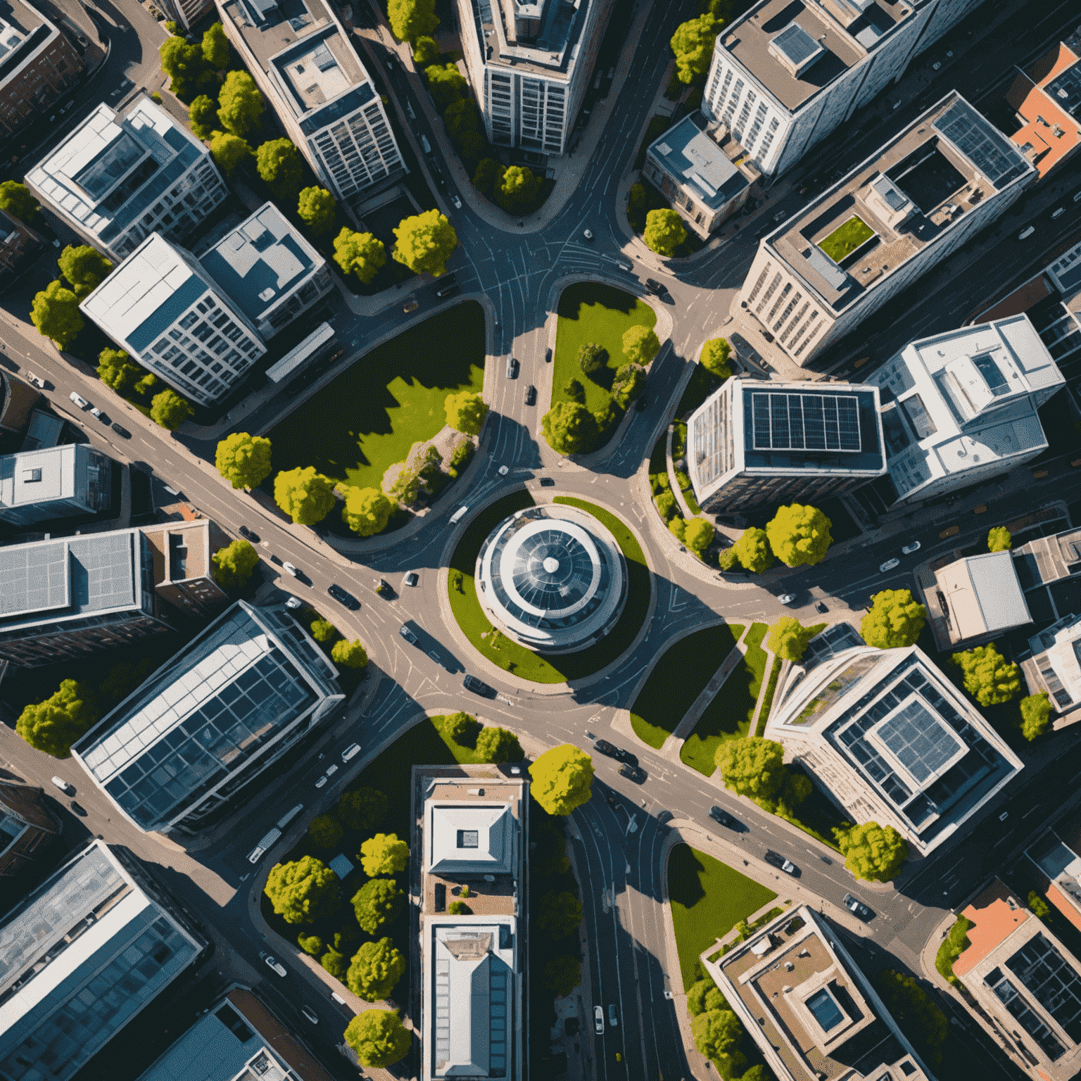 Aerial view of a modern British city with integrated smart technology systems, including IoT sensors, autonomous vehicles, and renewable energy infrastructure