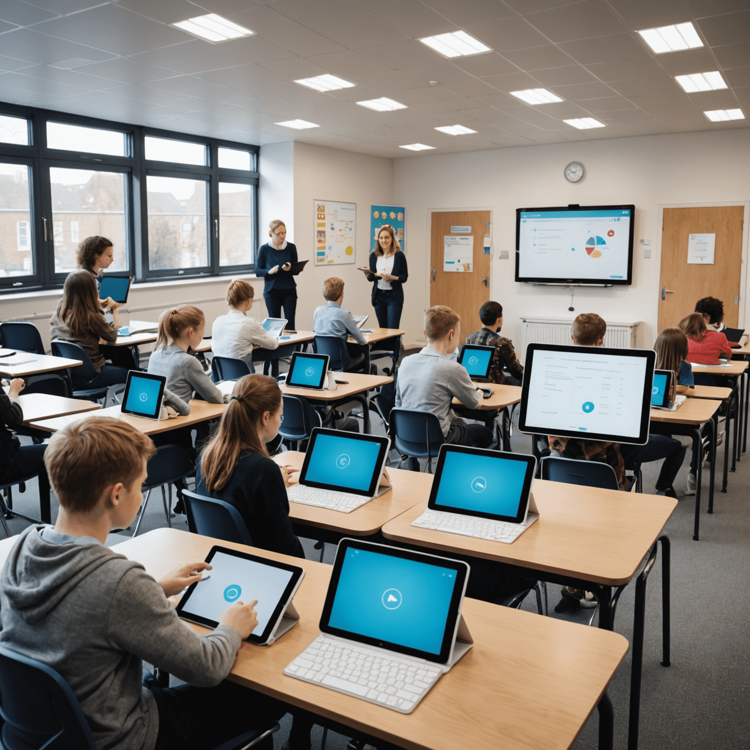 A modern British classroom with students using tablets and interactive whiteboards, showcasing the integration of educational technology