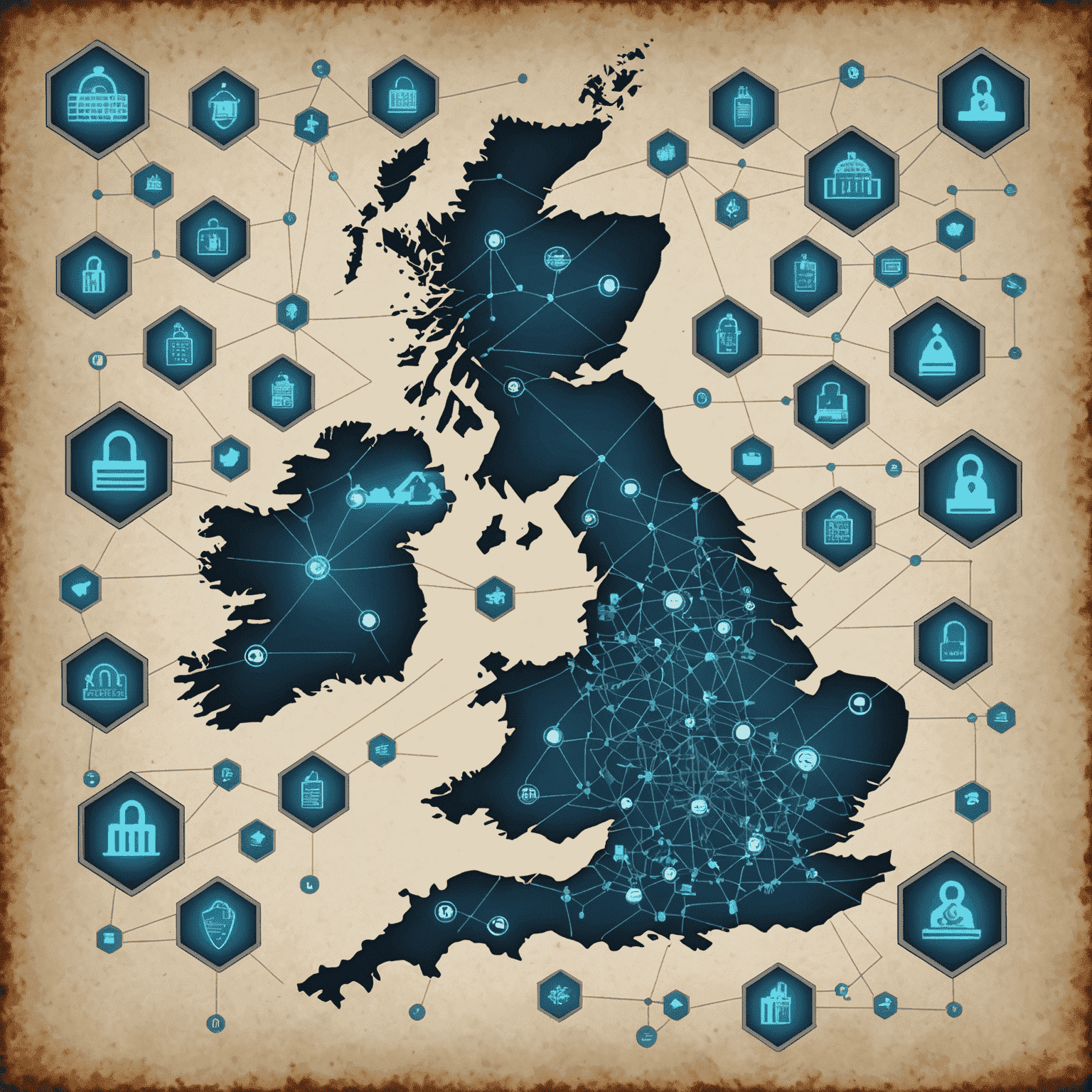 A digital representation of the UK map overlaid with cybersecurity symbols such as locks, shields, and binary code, illustrating the nationwide cybersecurity challenges