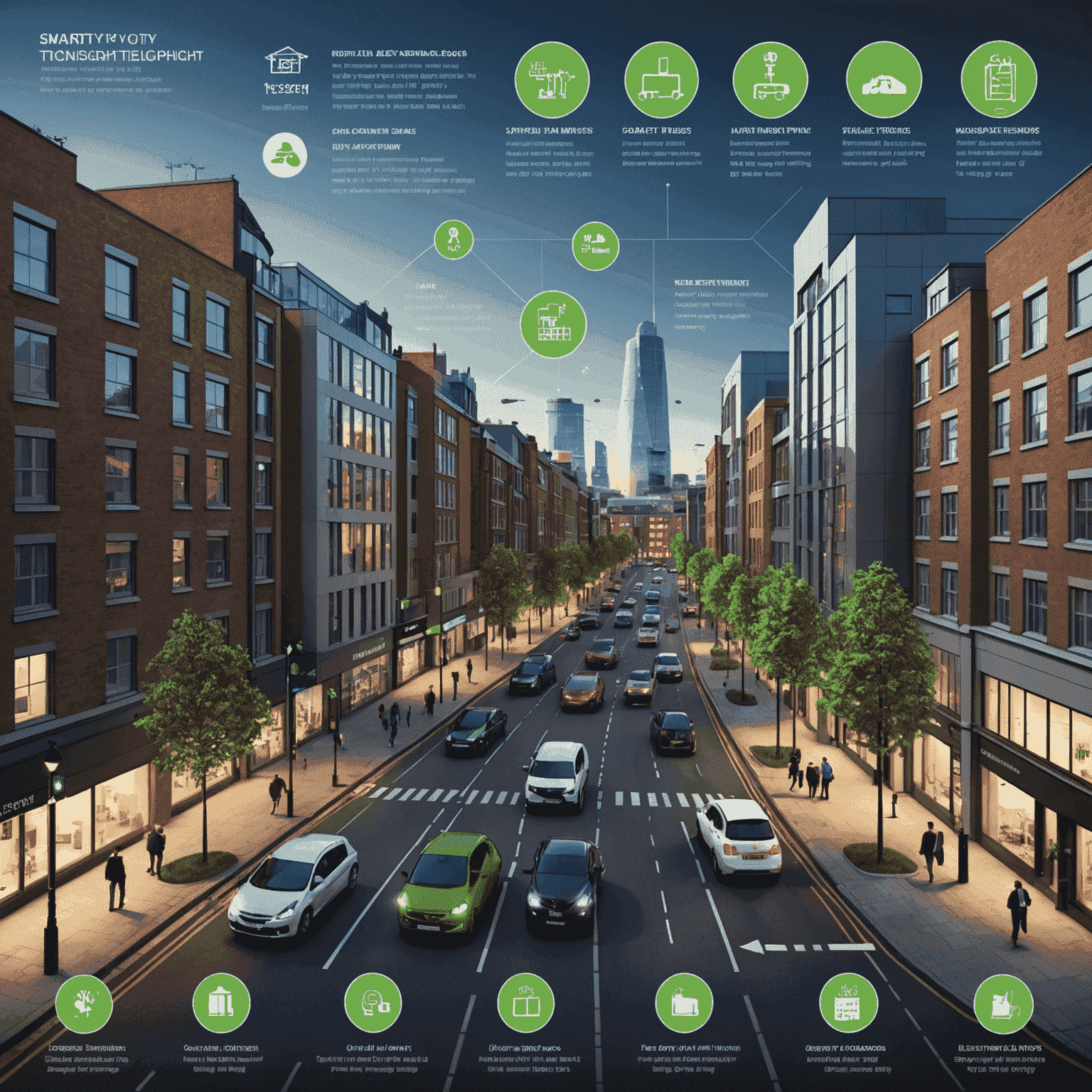 Infographic showing various smart city technologies implemented in a typical British urban area, including smart traffic lights, waste management systems, and energy-efficient buildings