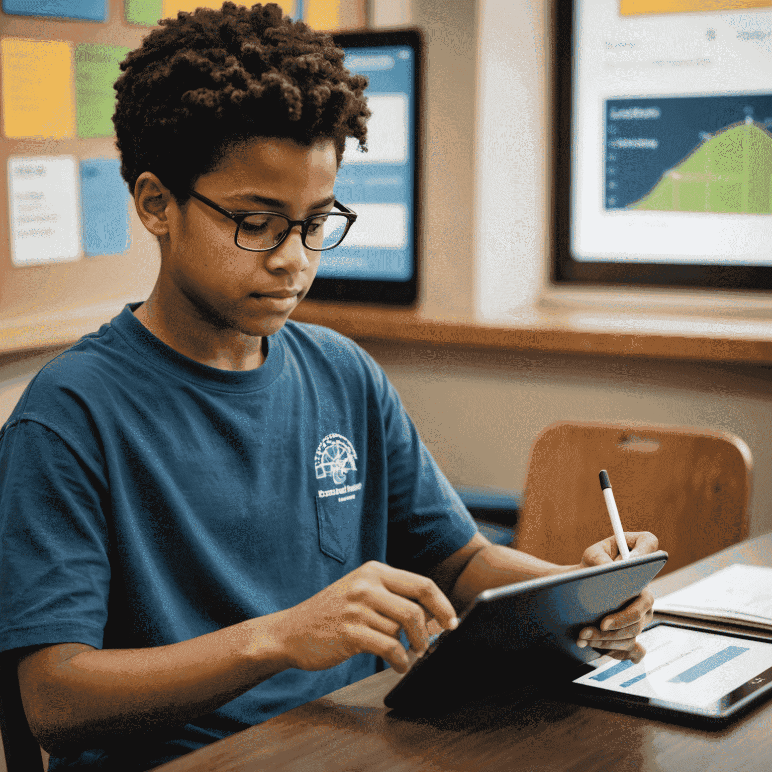 A student using a personalized learning app on a tablet, with data visualizations showing their progress and areas for improvement