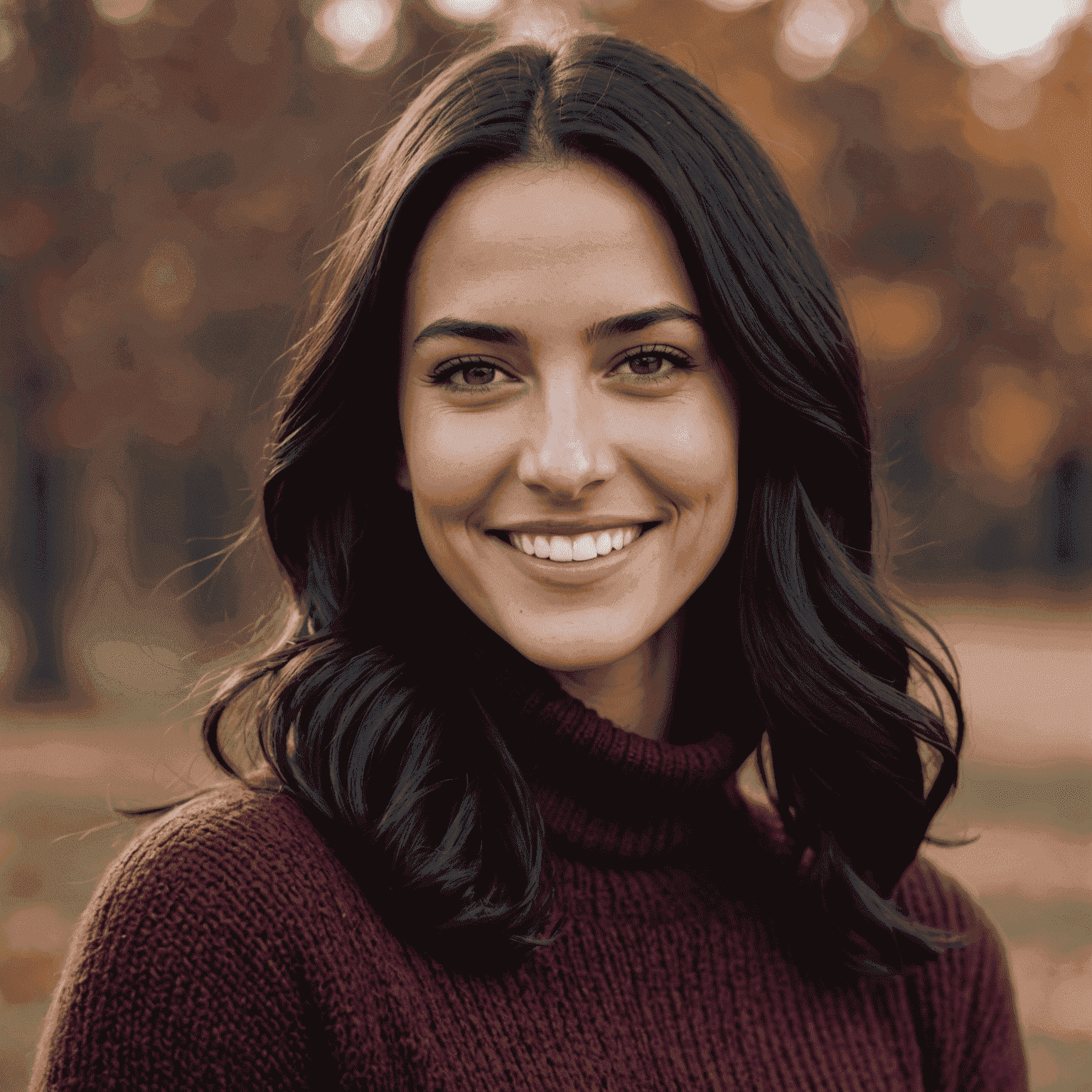 Portrait of Sarah Johnson, a woman in her late 20s with long black hair, wearing a maroon turtleneck sweater, smiling warmly at the camera