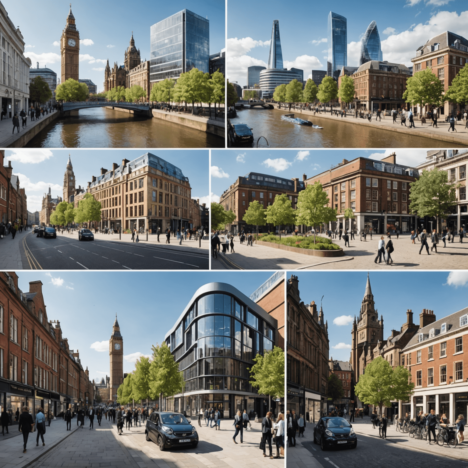 Collage of smart city projects in London, Manchester, and Bristol, showcasing innovative urban solutions and their impact on city life