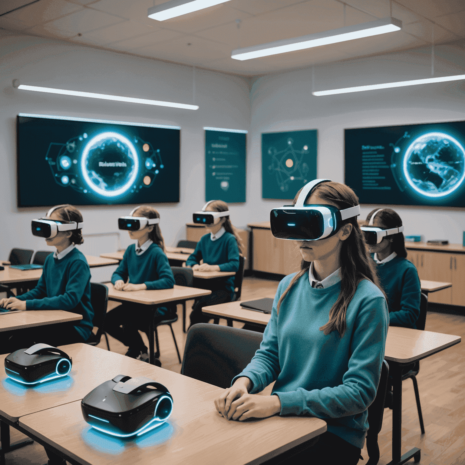 A futuristic classroom setup with VR headsets and holographic displays, representing the potential future of EdTech in British schools